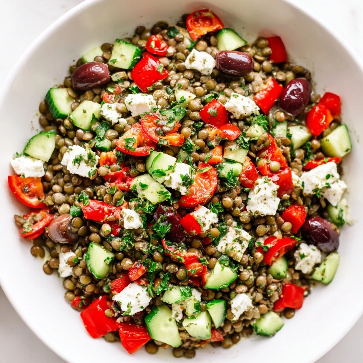 Bright Mediterranean Lentil Salad with Feta Cheese showcases a zesty lemon-herb dressing and crumbled feta over the colorful vegetable mix.