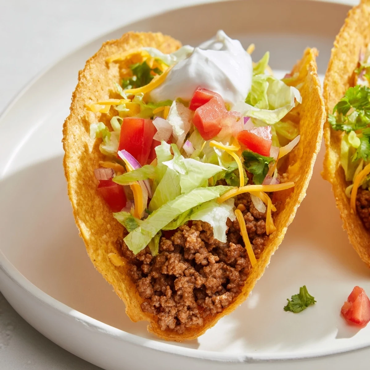 Crispy hard shells loaded with seasoned beef and melted cheese, garnished with fresh lettuce and tomato.
