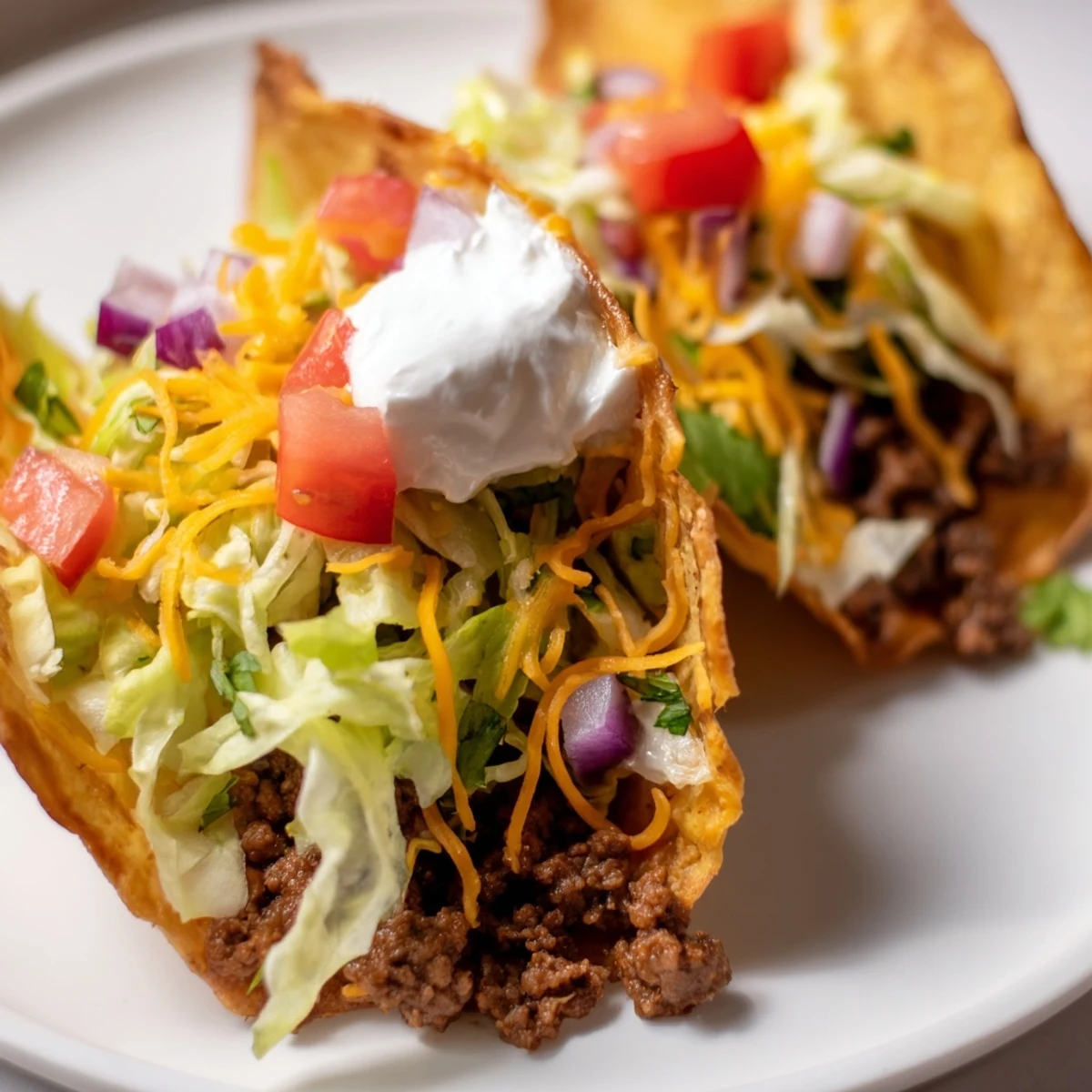 A close-up view of beef tacos with hard shells and cheese, topped with sour cream and cilantro.