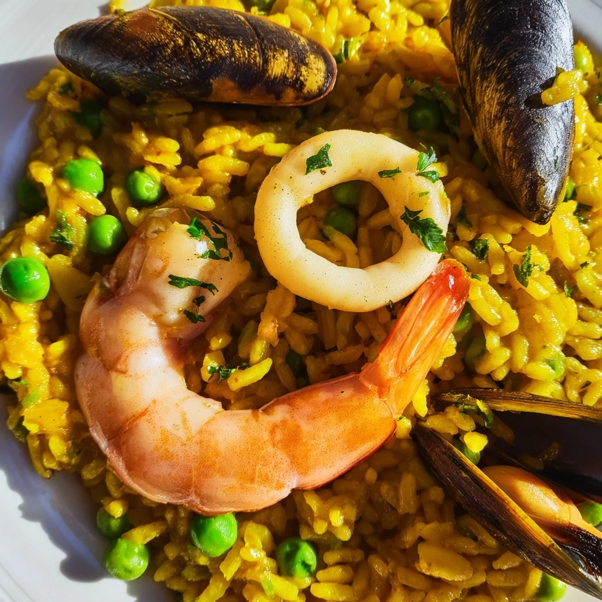 Vibrant Spanish seafood paella garnished with parsley and lemon, ready to serve for a special meal.