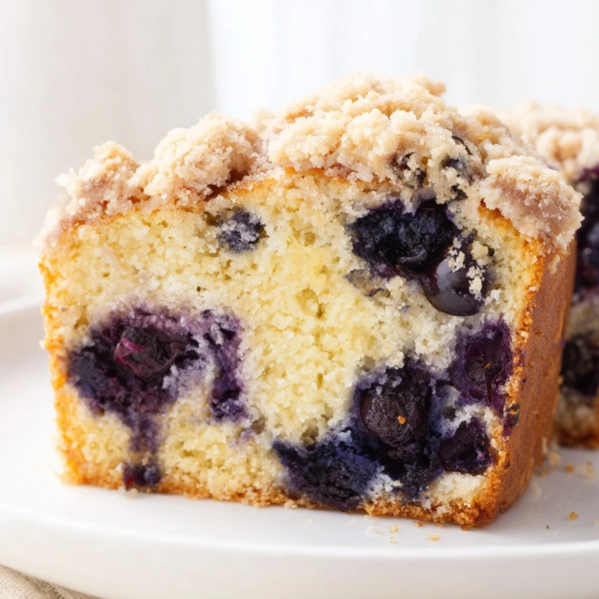 A slice of moist Lemon Blueberry Coffee Cake with Crumble showcases juicy blueberries and a buttery, golden topping, perfect for a sweet breakfast or dessert.