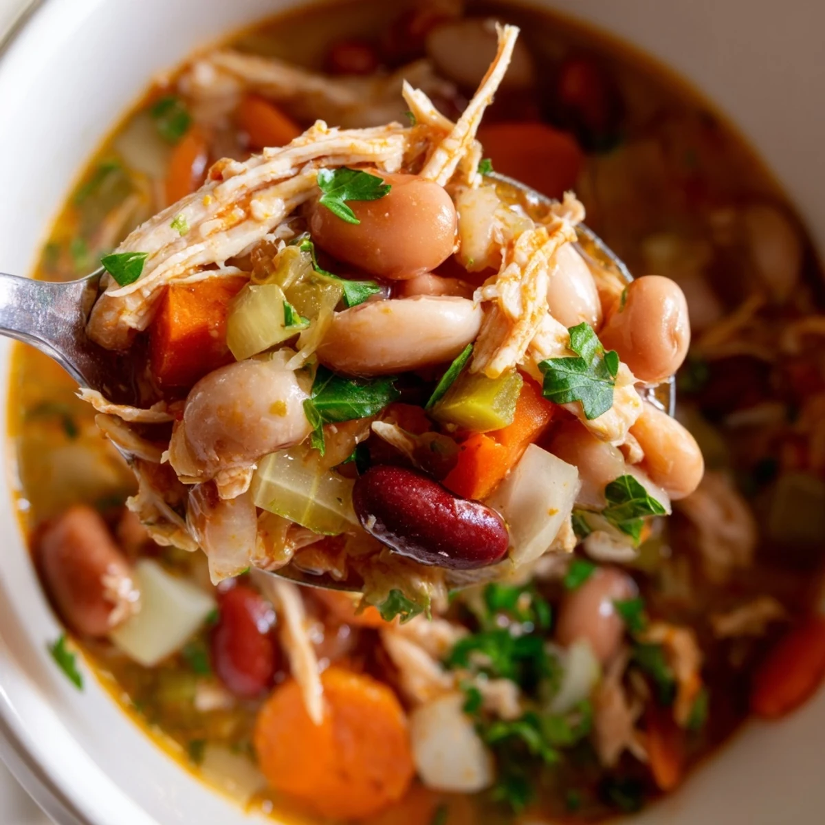 A steaming bowl of Creole Bean Soup with Turkey, garnished with fresh parsley, showcasing tender turkey and creamy beans in a rich, aromatic broth.