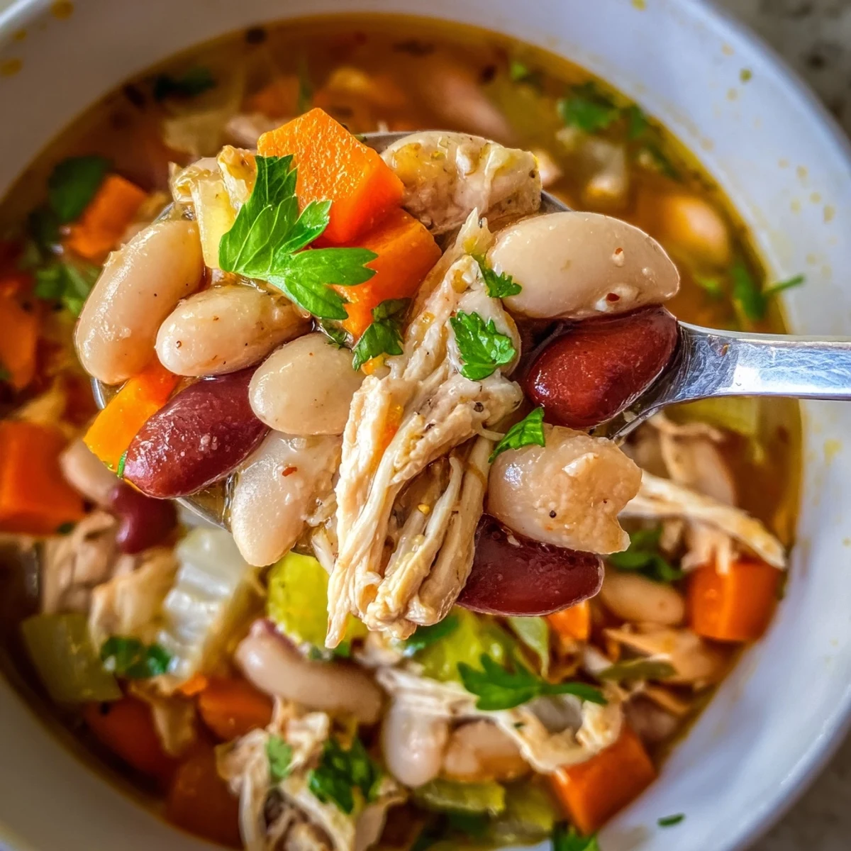 Close-up of Creole Bean Soup with Turkey in a rustic bowl, featuring colorful vegetables and herbs, ready to enjoy.