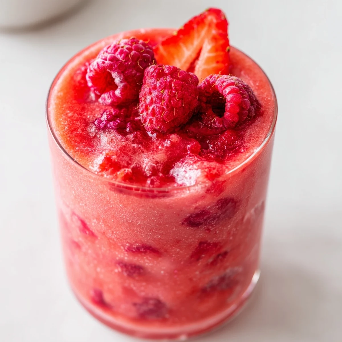 Vibrant red berry smoothie topped with mint leaves and a drizzle of honey, showcasing its thick, frosty texture in a cozy kitchen setting.