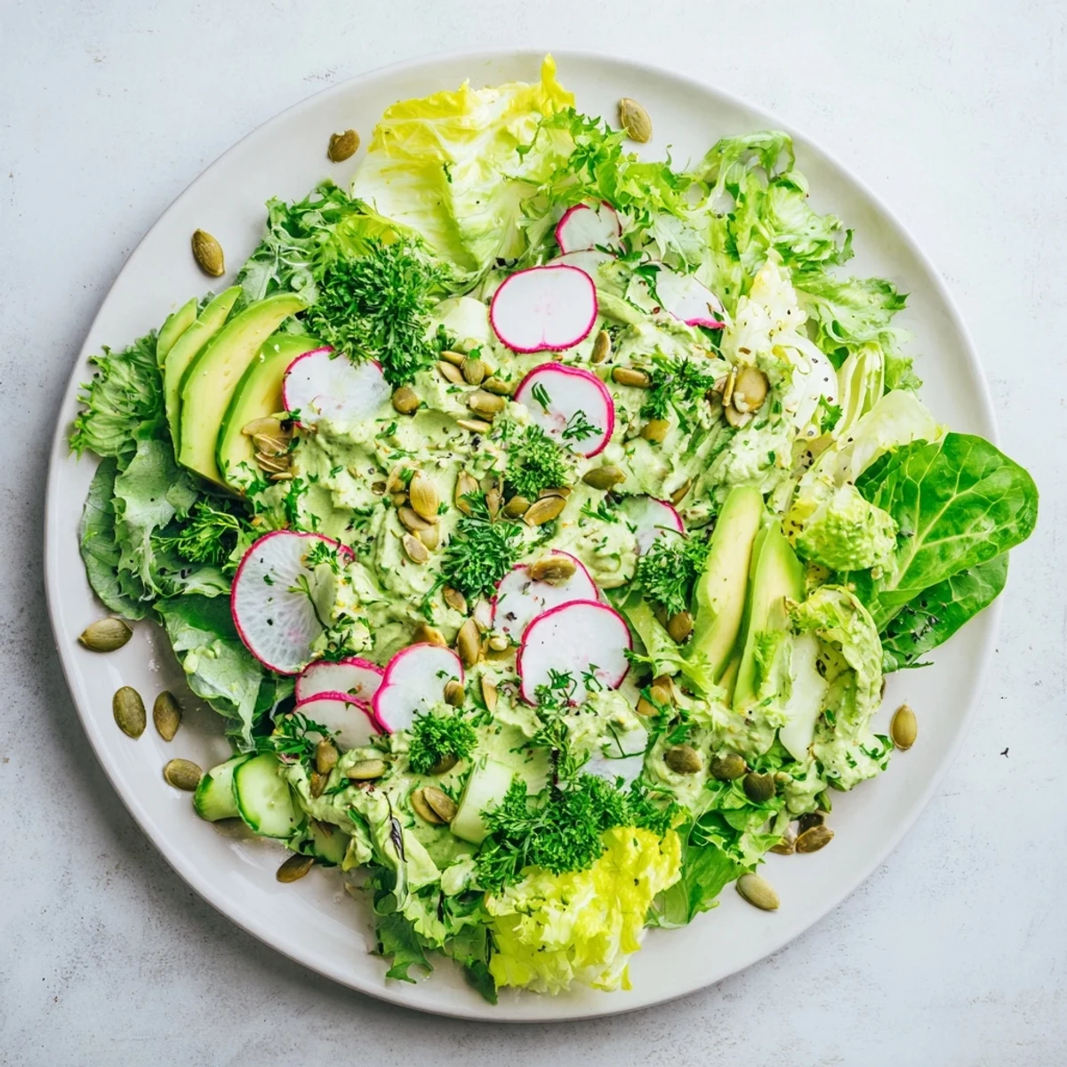 Fresh Green Goddess salad with chopped herbs and crunchy pepitas, perfect for a light vegetarian lunch.  