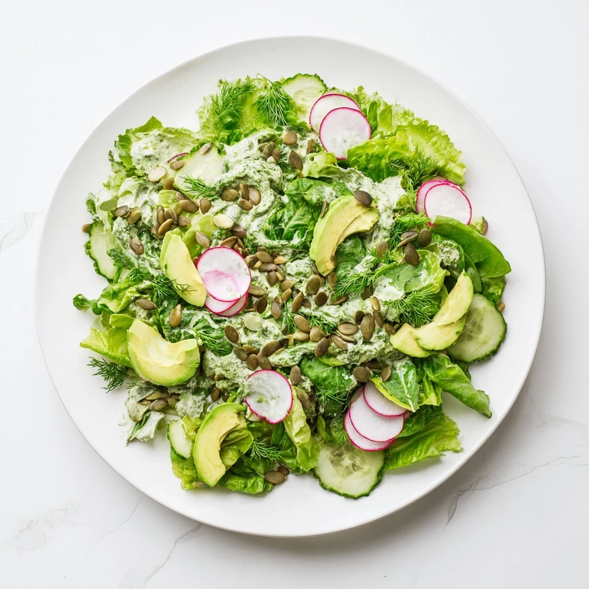 Creamy Green Goddess dressing drizzled over crisp greens, cucumbers, radishes, and creamy avocado slices.  