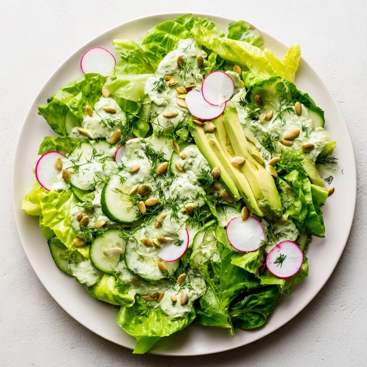 A vibrant bowl of Green Goddess salad tossed with greens and avocado, ready to serve immediately.