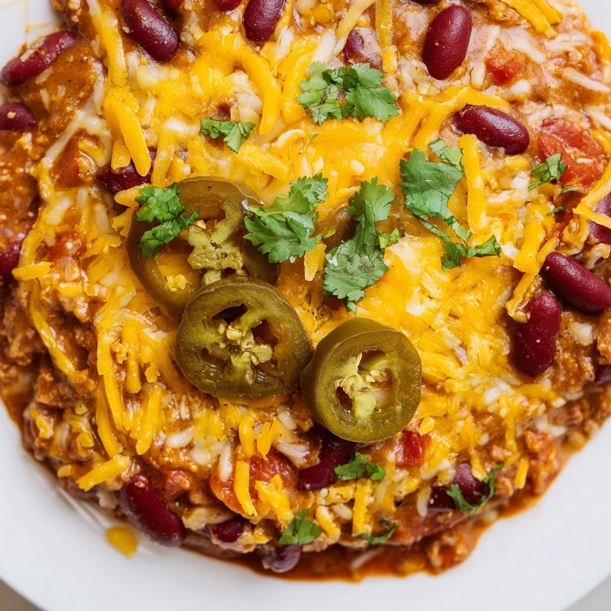 Golden-brown Super Bowl Chili Cheese Dip baked in a skillet, topped with fresh cilantro and sliced jalapeños for a zesty kick.  