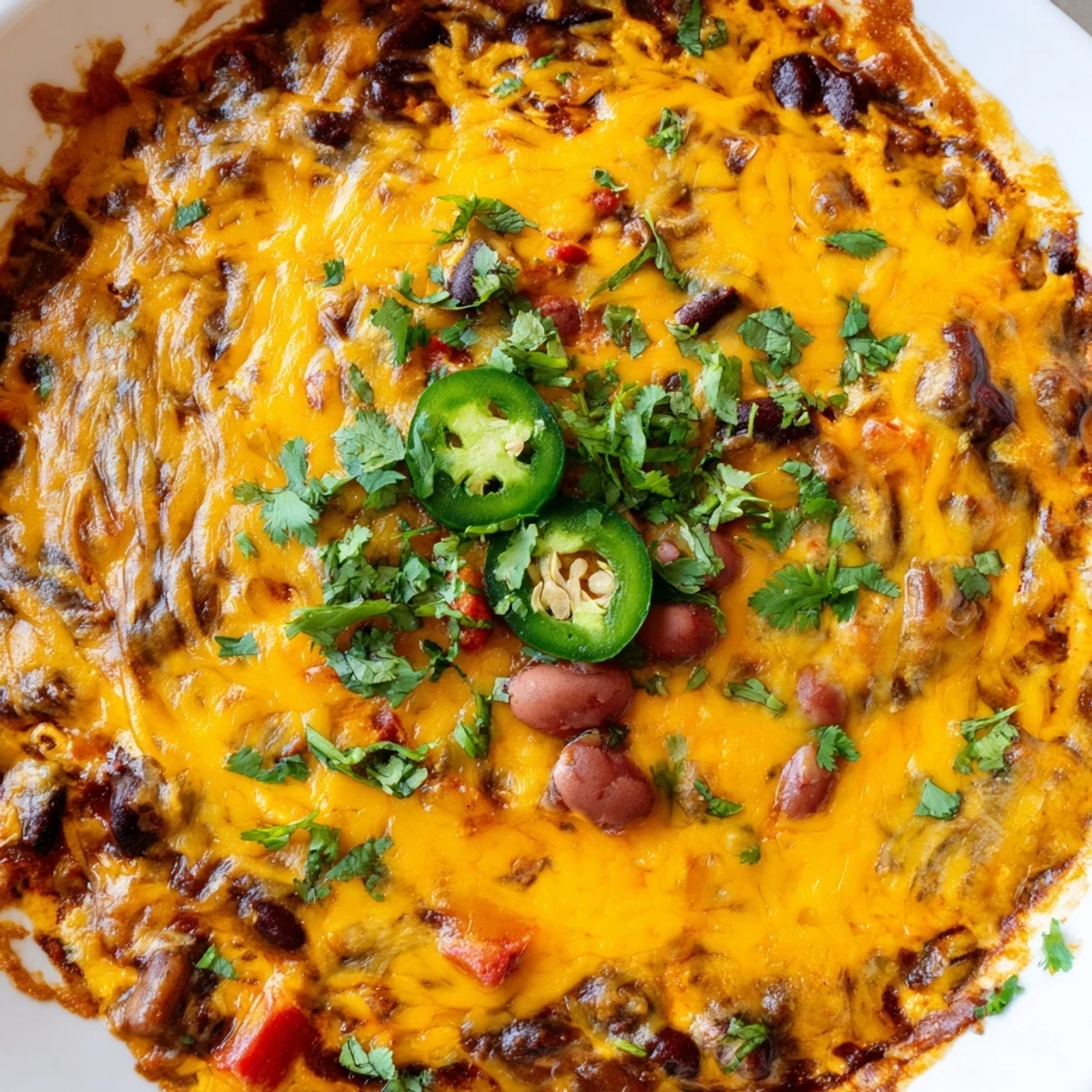 A close-up of bubbling Super Bowl Chili Cheese Dip, layered with spicy beef chili, melted cheddar, and creamy sour cream.  