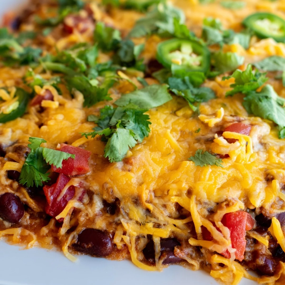 A hearty scoop of Super Bowl Chili Cheese Dip on a chip, with gooey cheese and chili visible, perfect for game day.