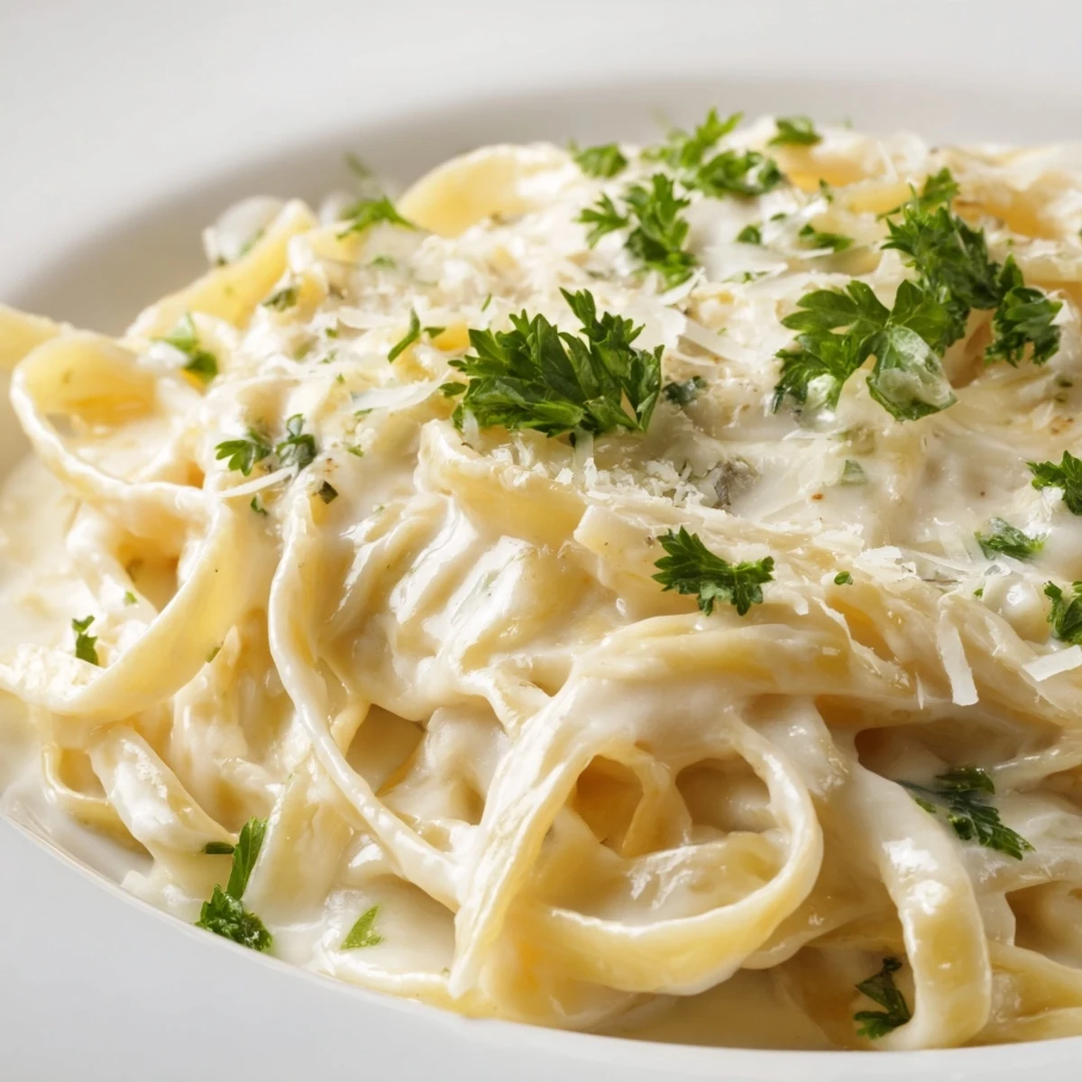 A close-up of creamy meal pasta sauce in a glossy white bowl, showing velvety texture with melted Parmesan and fresh parsley garnish.  