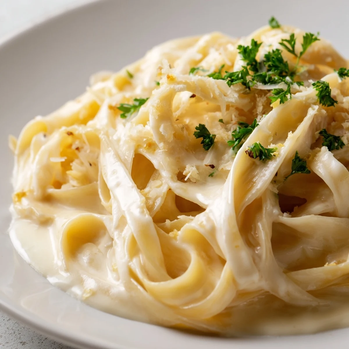 Creamy meal pasta sauce is swirled onto fettuccine noodles in a rustic skillet, steam rising with hints of garlic and rich dairy.  