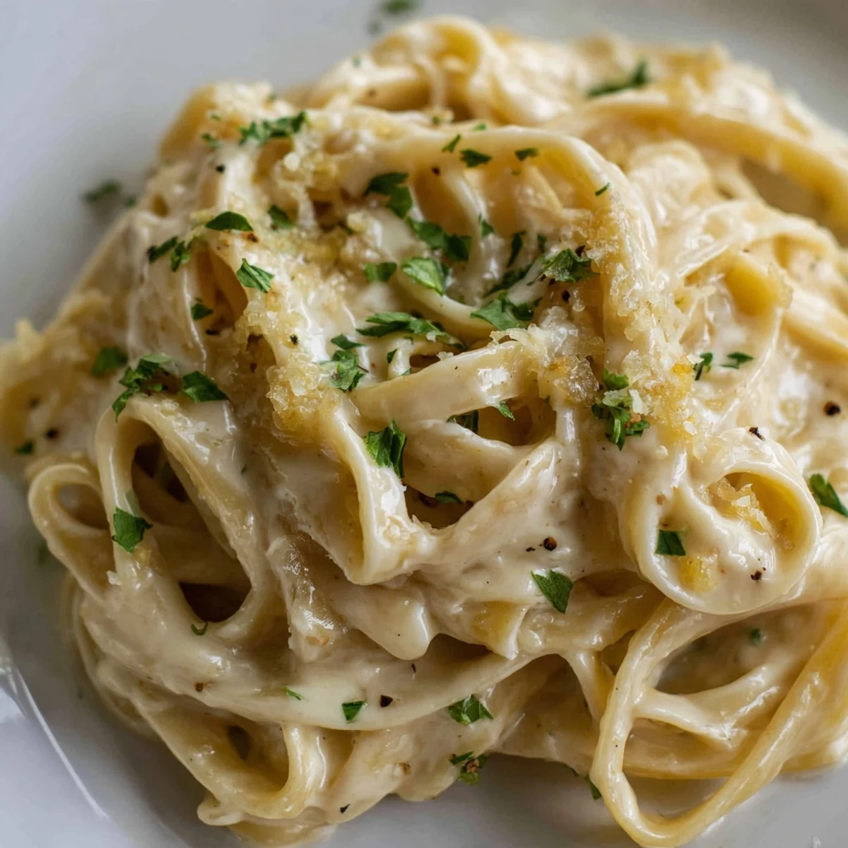 Spoon dipping into creamy meal pasta sauce alongside al dente penne, garnished with chopped parsley and freshly cracked black pepper.
