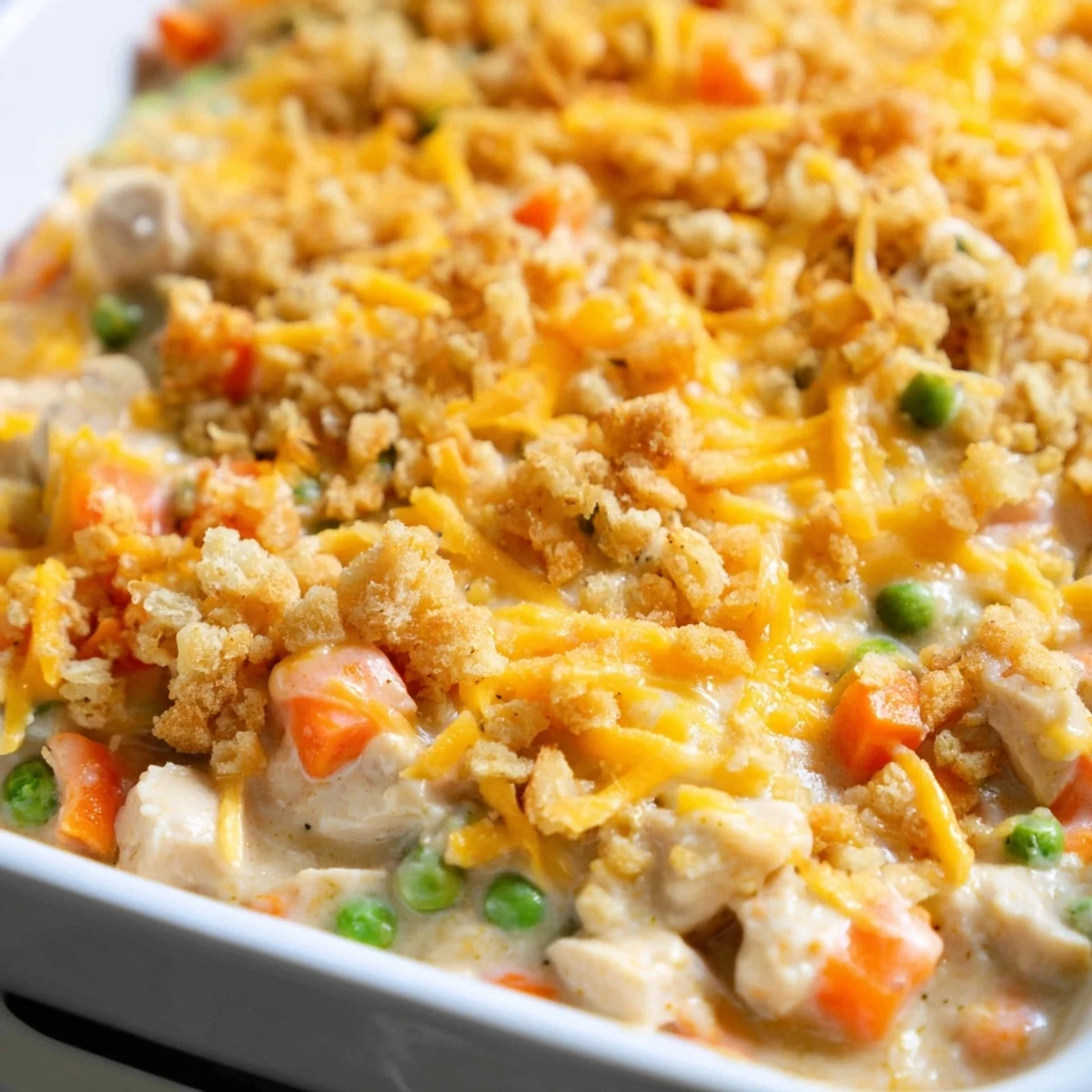 Golden, bubbly cheddar topping on a Turkey Casserole Bake with creamy vegetables and herbs.