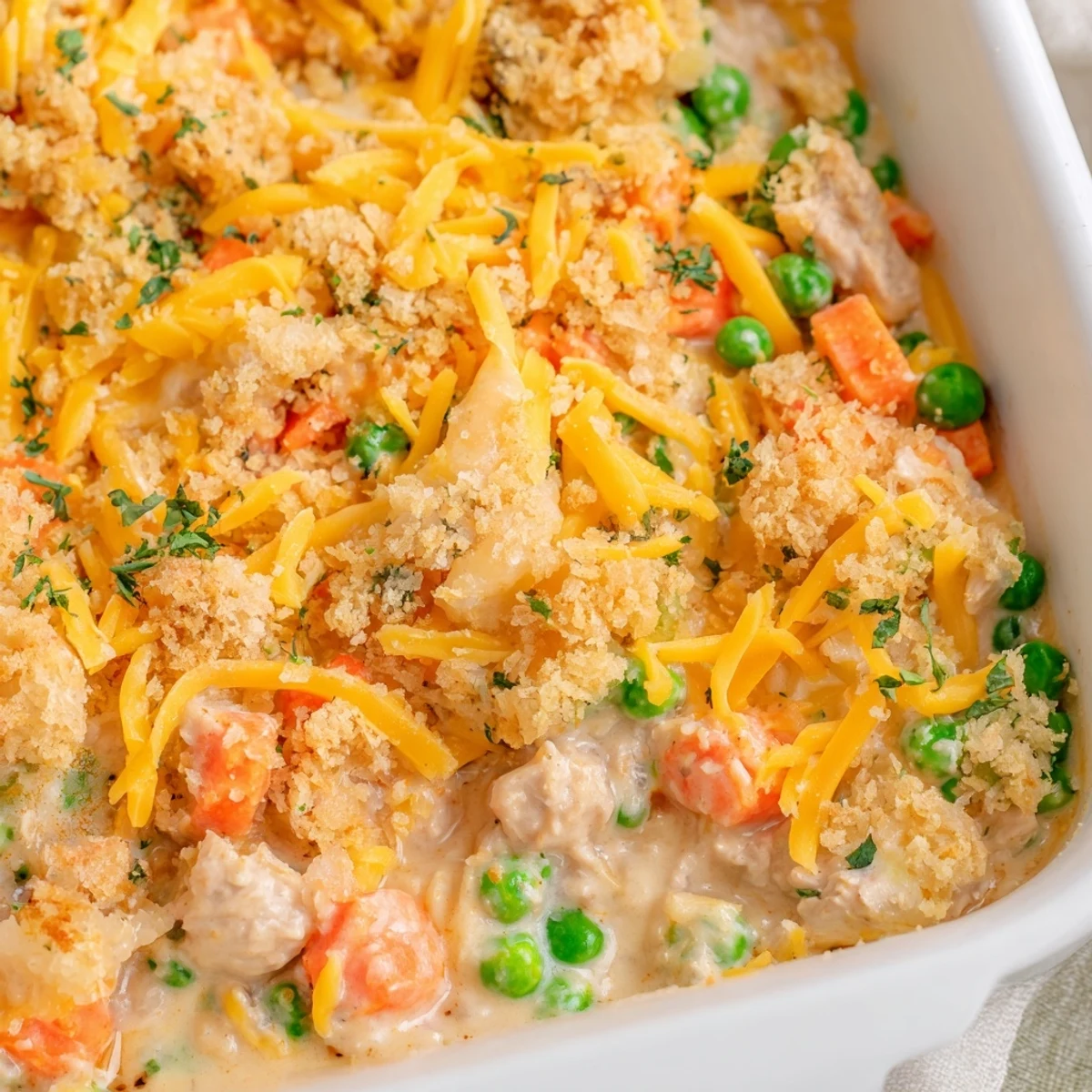 Freshly baked Turkey Casserole Bake served in a dish with a crisp, buttery breadcrumb crust.