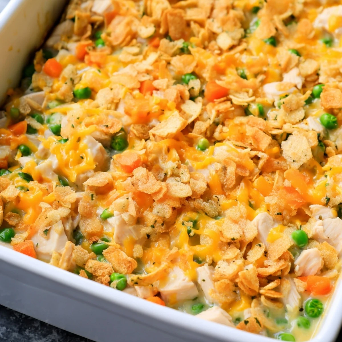 Comforting Turkey Casserole Bake with tender turkey, peas, and carrots in a rich, creamy sauce.