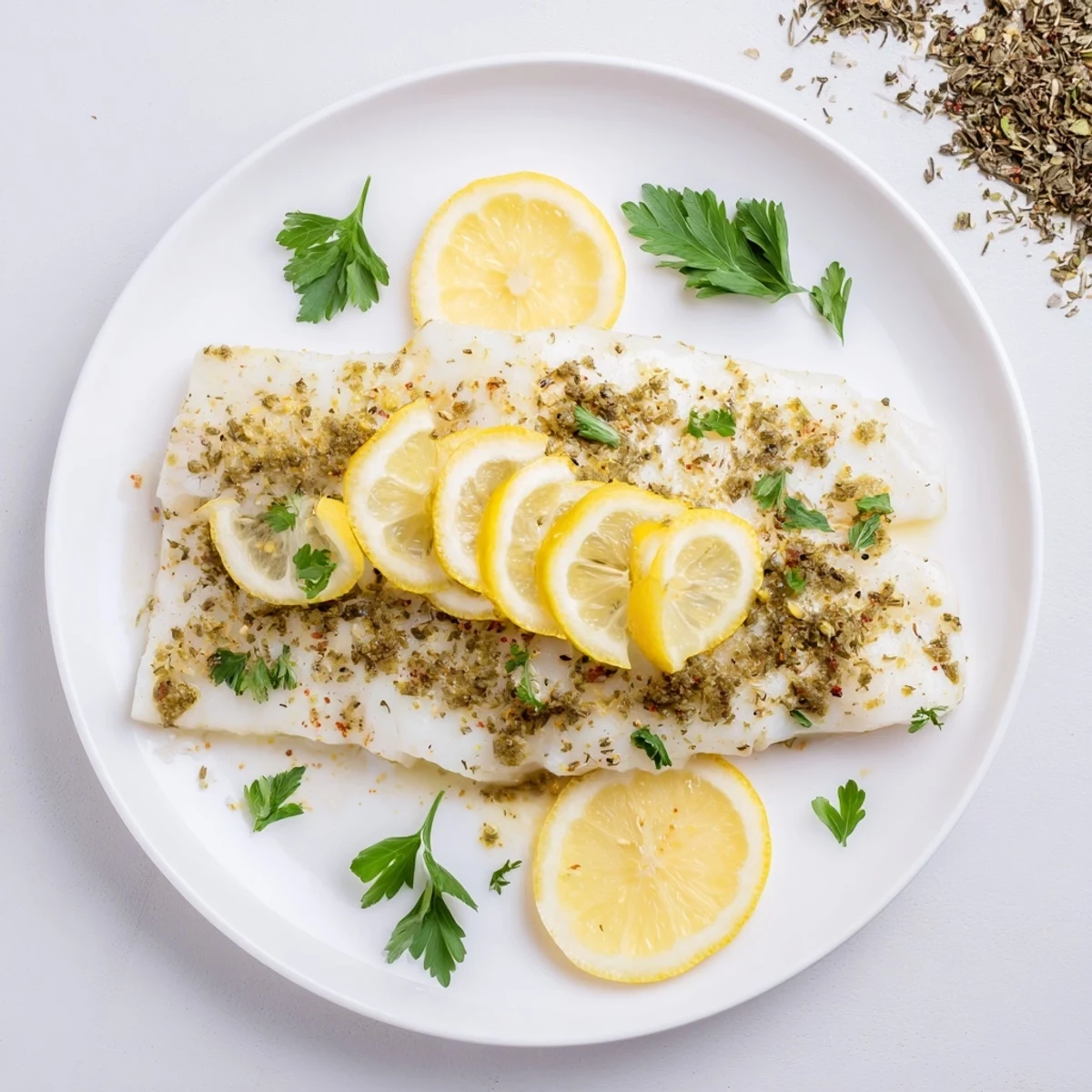 Golden-brown Baked Fish Fillet, seasoned with herbs and topped with fresh lemon slices, garnished with chopped parsley on a white plate.  