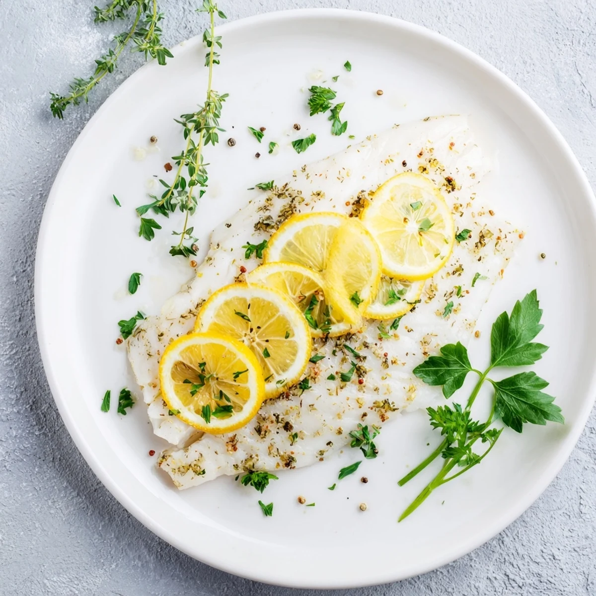 Flaky white Baked Fish Fillet fresh from the oven, glistening with olive oil and lemon juice, served alongside roasted vegetables.  