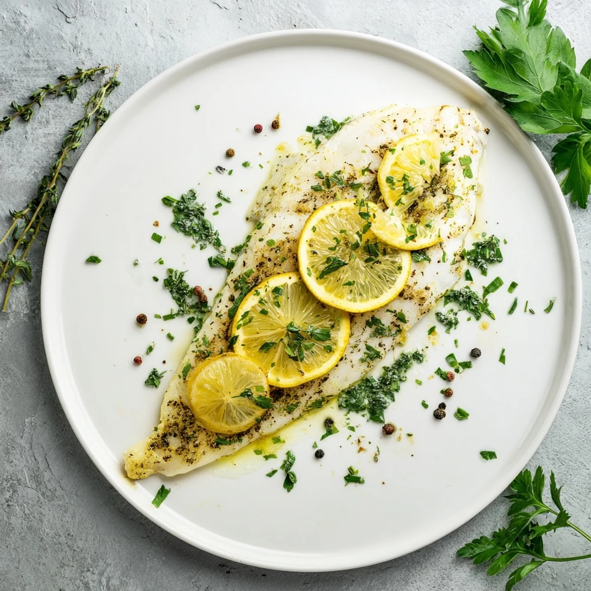 Moist Baked Fish Fillet with aromatic garlic and thyme, presented on a rustic plate ready for a healthy weeknight dinner.