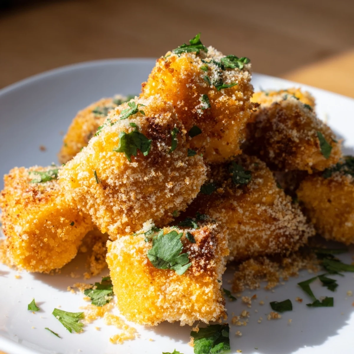 Golden-brown spicy chicken treat bites arranged on a platter with fresh cilantro and lime wedges, baked to crispy perfection.