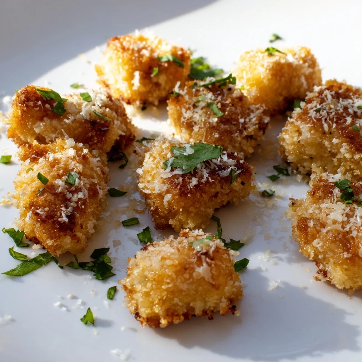 Freshly baked spicy chicken treat bites garnished with parsley, served as a party appetizer with dipping sauce on the side.