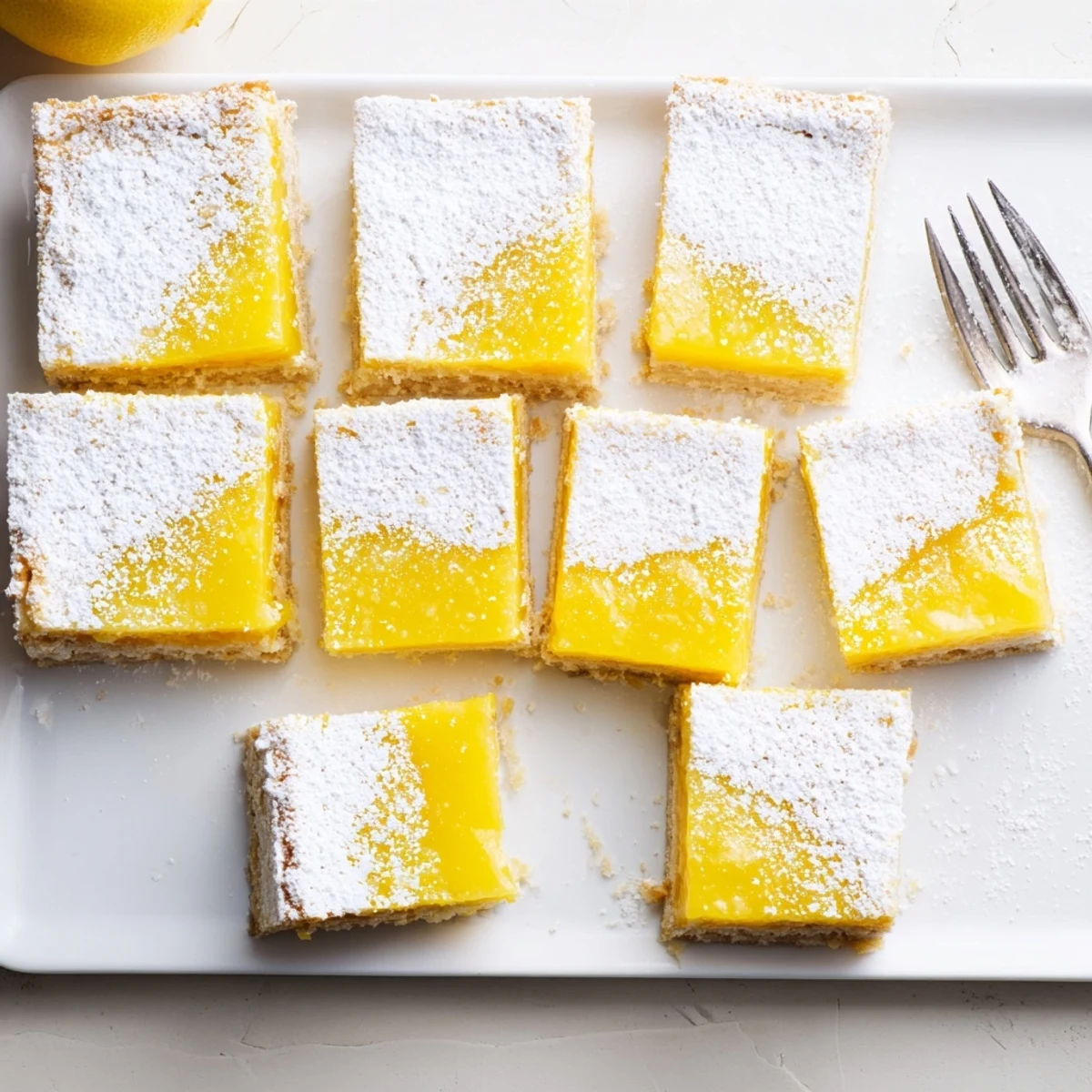 Freshly baked Lemon Treat Bar Dessert with a golden, buttery crust and vibrant yellow lemon filling, dusted with powdered sugar.