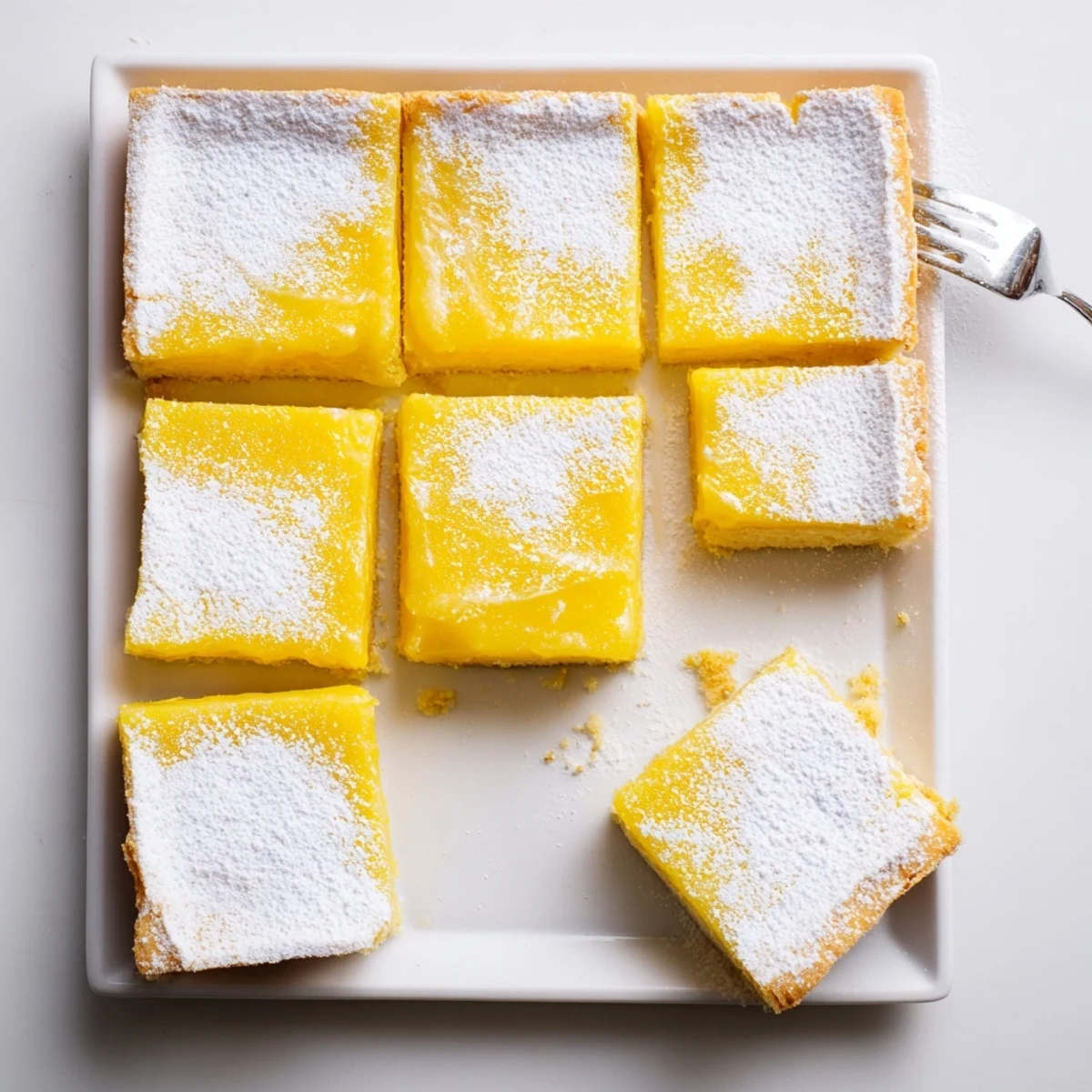 A close-up of Lemon Treat Bar Dessert, showcasing its bright citrus glaze and buttery layers on a rustic kitchen counter.