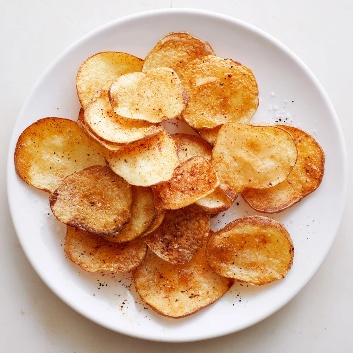 A close-up view of golden, thinly sliced Crispy Salty Treat Chips, perfectly crunchy and seasoned.