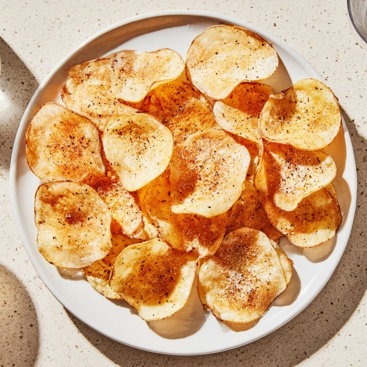 Thick-cut Crispy Salty Treat Chips sizzling and golden from the oven, with a smoky paprika aroma.  