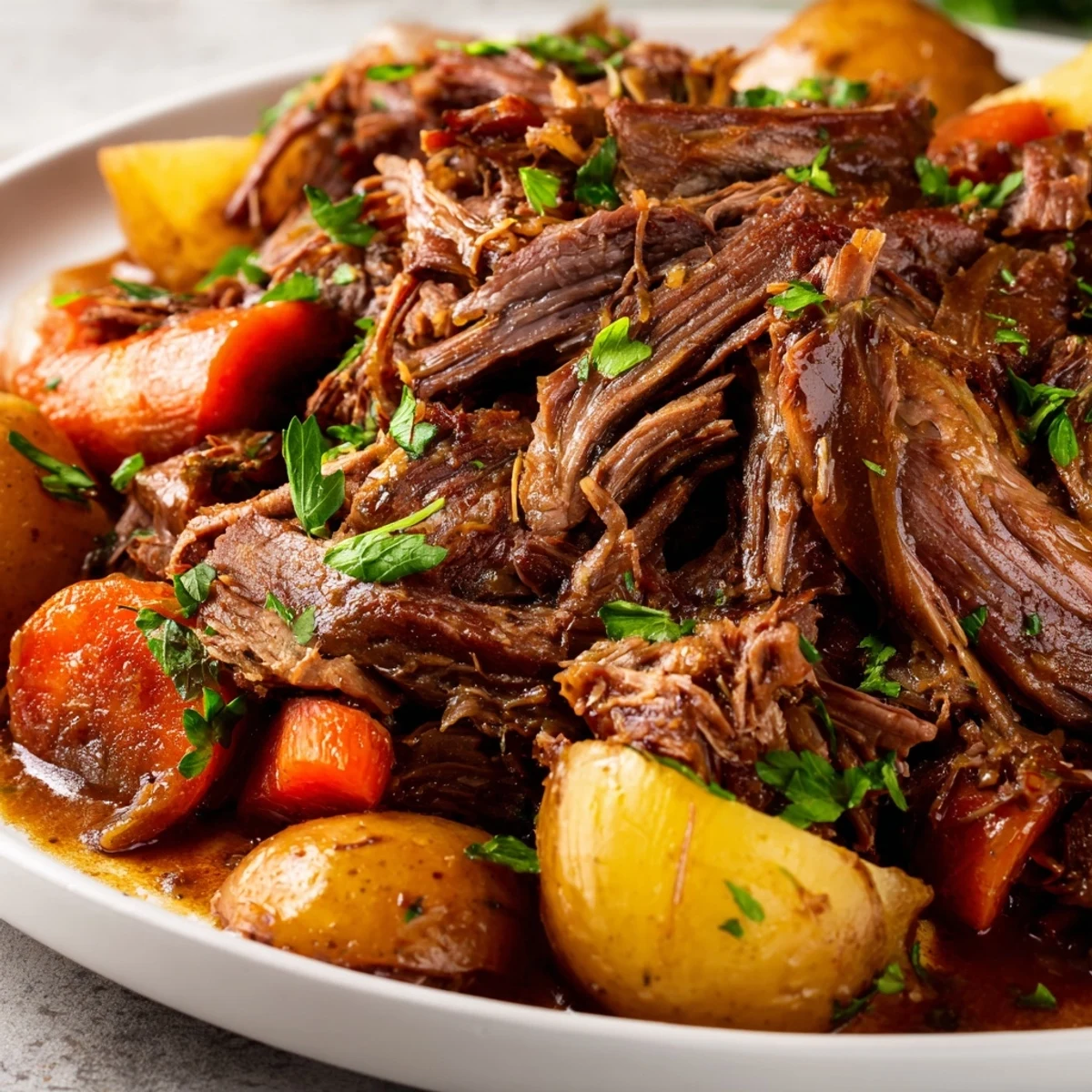 Golden Slow Cooker Pot Roast with tender shredded beef, carrots, and potatoes in a savory herb-infused gravy.