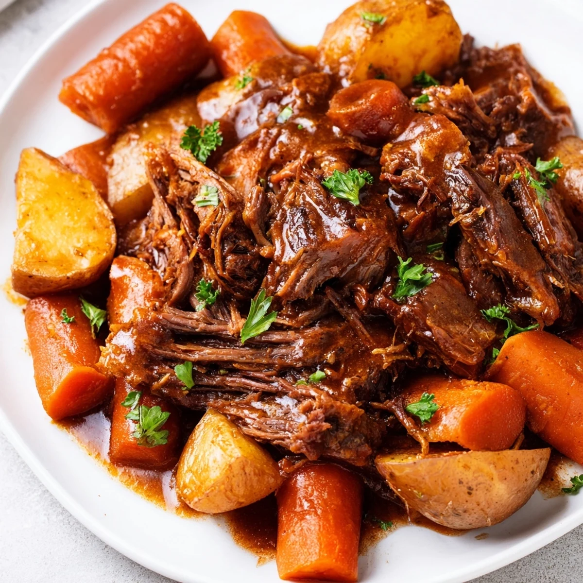 A hearty plate of Slow Cooker Pot Roast, featuring fall-apart chuck roast alongside aromatic vegetables and rosemary.