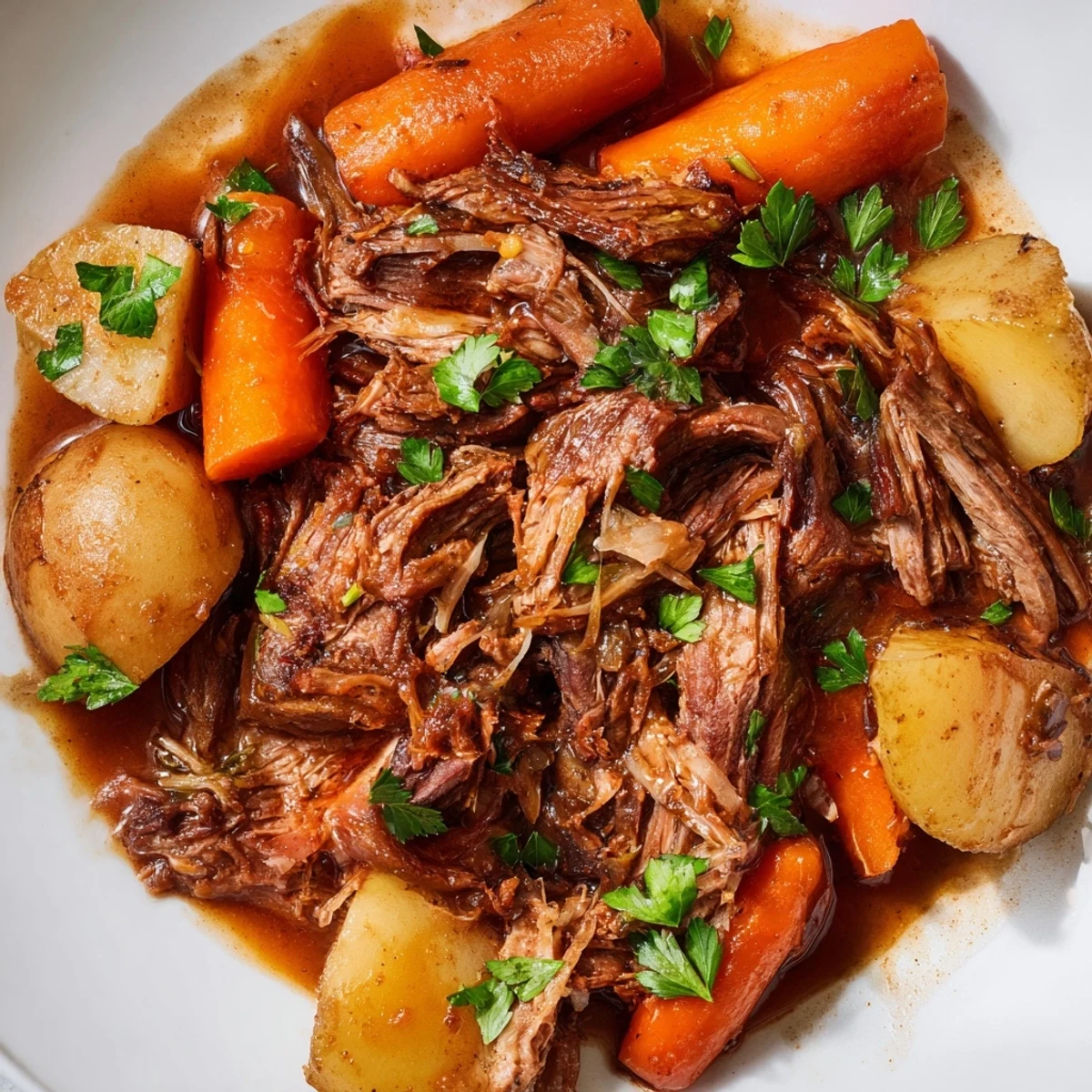 Family-style Slow Cooker Pot Roast served with rustic carrots and potatoes, perfect for a cozy American dinner.