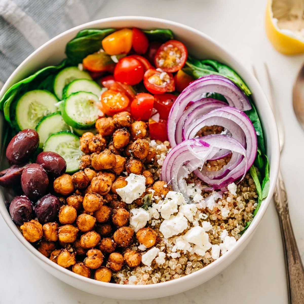 This Mediterranean Meal Bowl features crispy roasted chickpeas, spinach, and olives, topped with crumbled feta cheese and a zesty lemon-tahini drizzle.