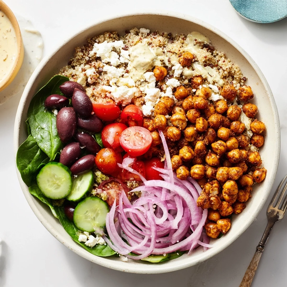 A vibrant Mediterranean Meal Bowl with fluffy quinoa, roasted chickpeas, cherry tomatoes, and cucumber, drizzled with creamy lemon-tahini dressing.