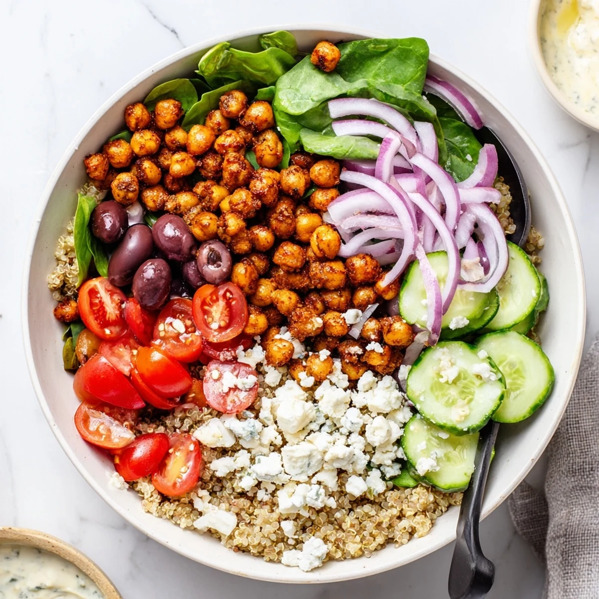 Enjoy a fresh Mediterranean Meal Bowl filled with colorful vegetables and protein-rich chickpeas, served with a smooth, tangy lemon-tahini dressing.