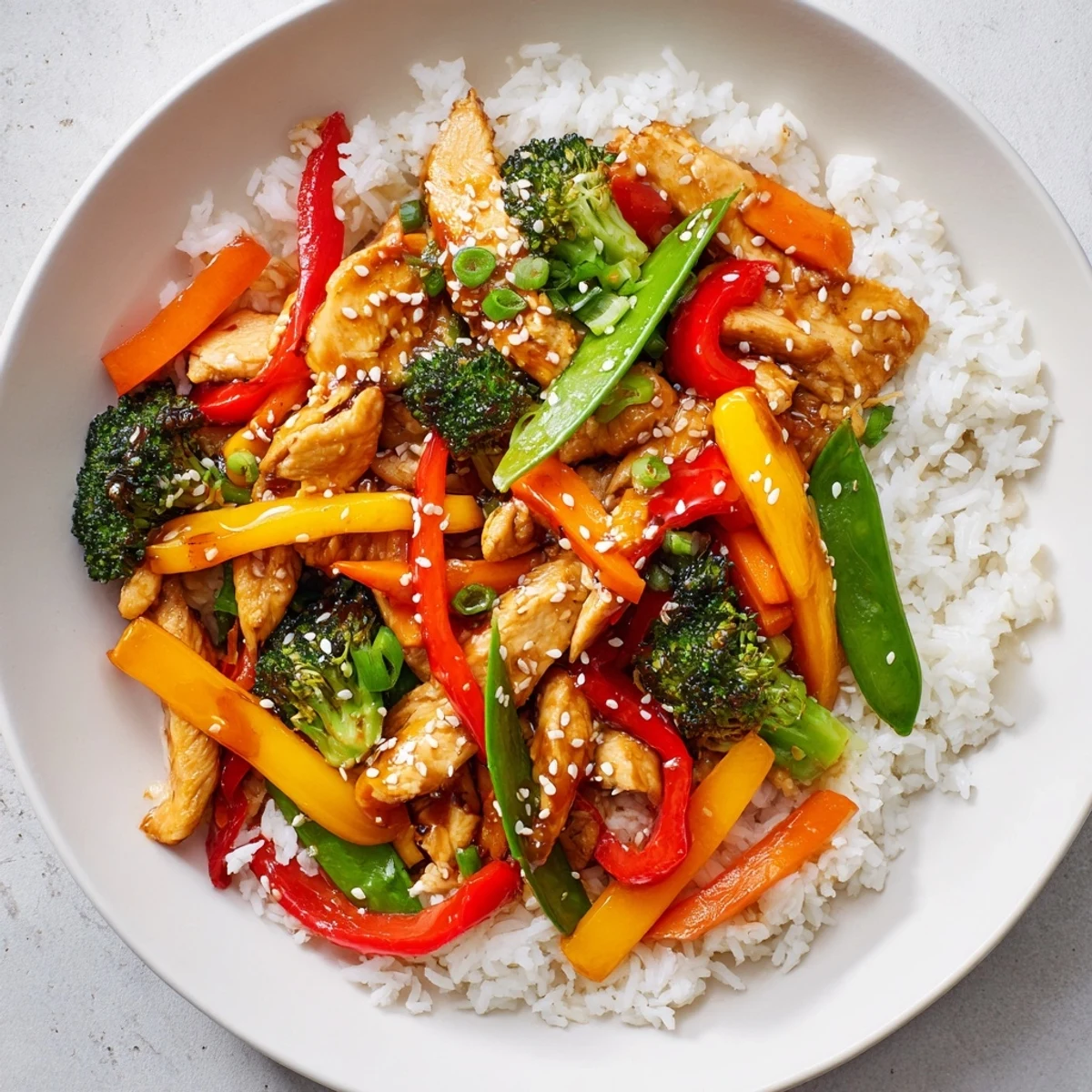 Tender chicken and crisp bell peppers sizzle together in this flavorful Chicken Veggie Stir Fry with Rice, served hot over fluffy grains.  