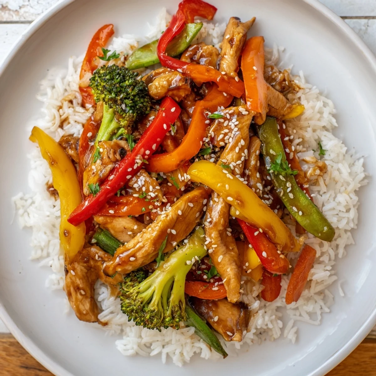 A close-up view of colorful vegetables and savory sauce coating every bite of this easy Chicken Veggie Stir Fry with Rice.  
