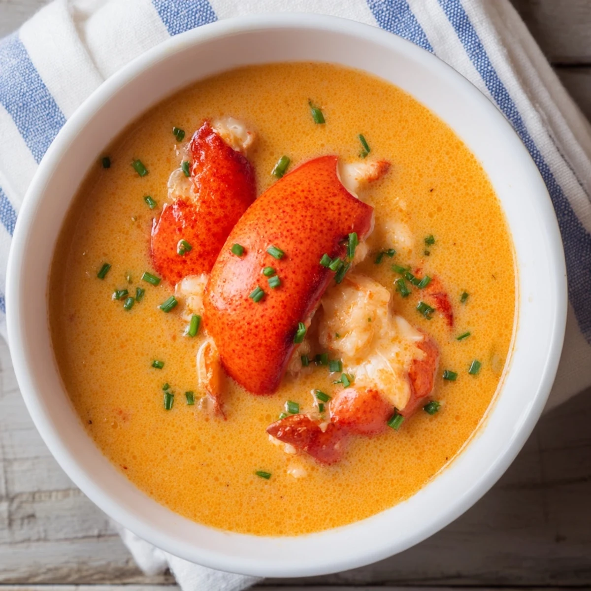 Creamy Romantic Lobster Bisque with Sherry Vinegar garnished with fresh chives and tender lobster chunks in a warm bowl.
