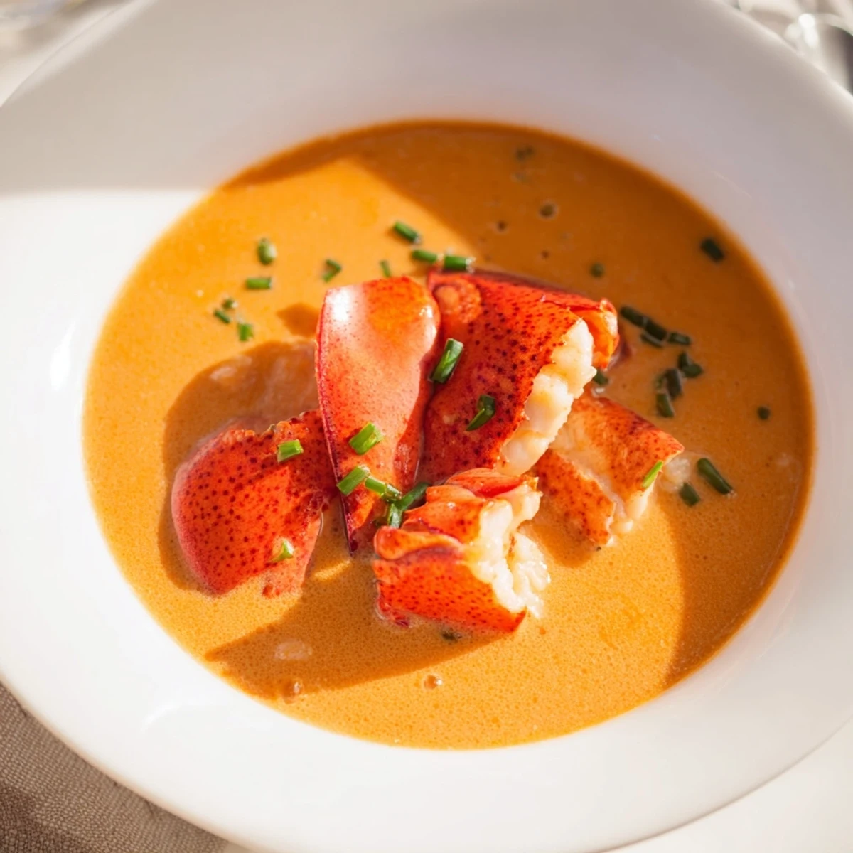 A bowl of Romantic Lobster Bisque with Sherry Vinegar, steam rising, paired with crusty bread for a cozy dinner.