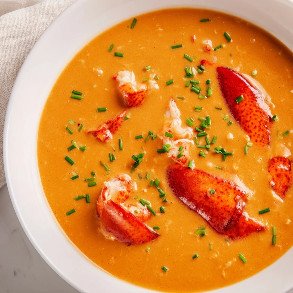 Elegant Romantic Lobster Bisque with Sherry Vinegar topped with lobster meat and chives, served beside a glass of white wine.