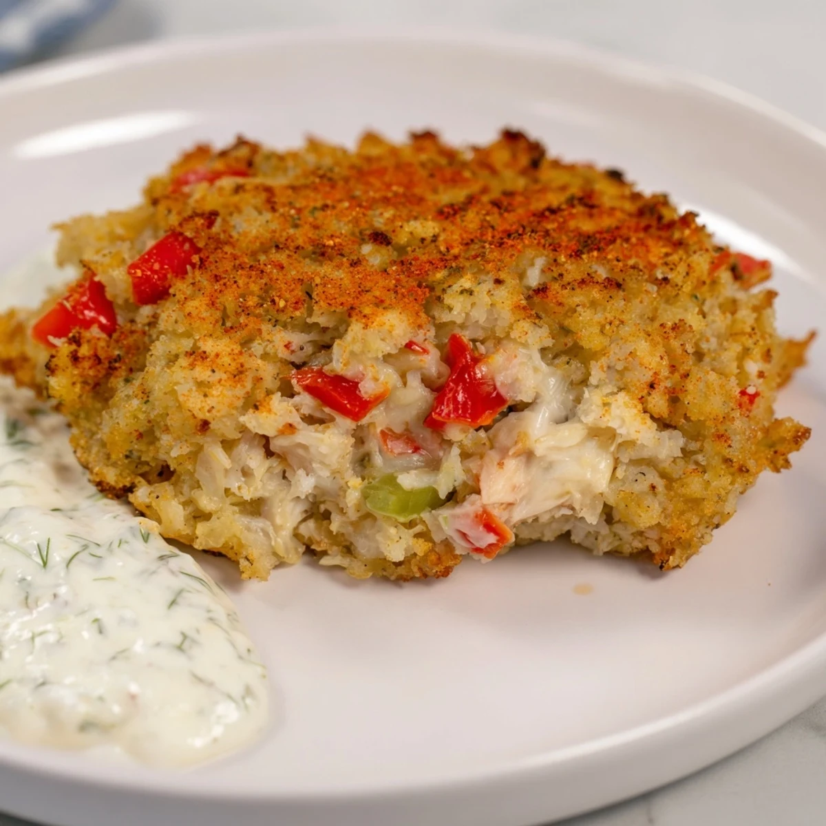 A close-up shows crispy, golden-brown Mardi Gras Crab Cakes next to a small bowl of tartar sauce.