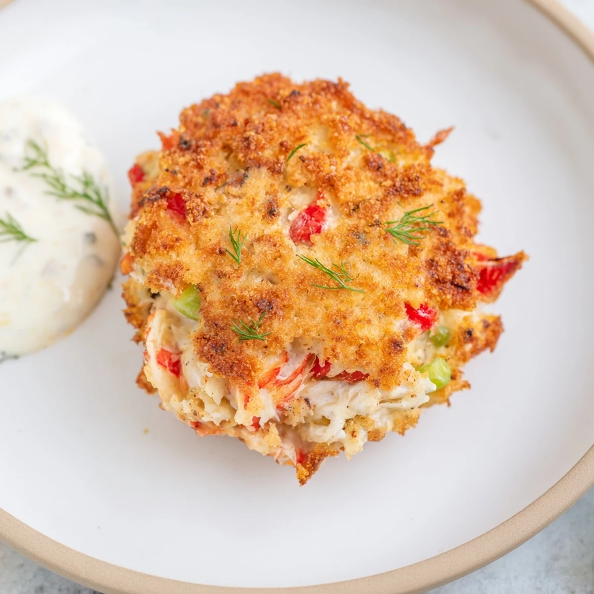 Golden-brown Mardi Gras Crab Cakes with creamy tartar sauce on a festive platter, garnished with lemon wedges.