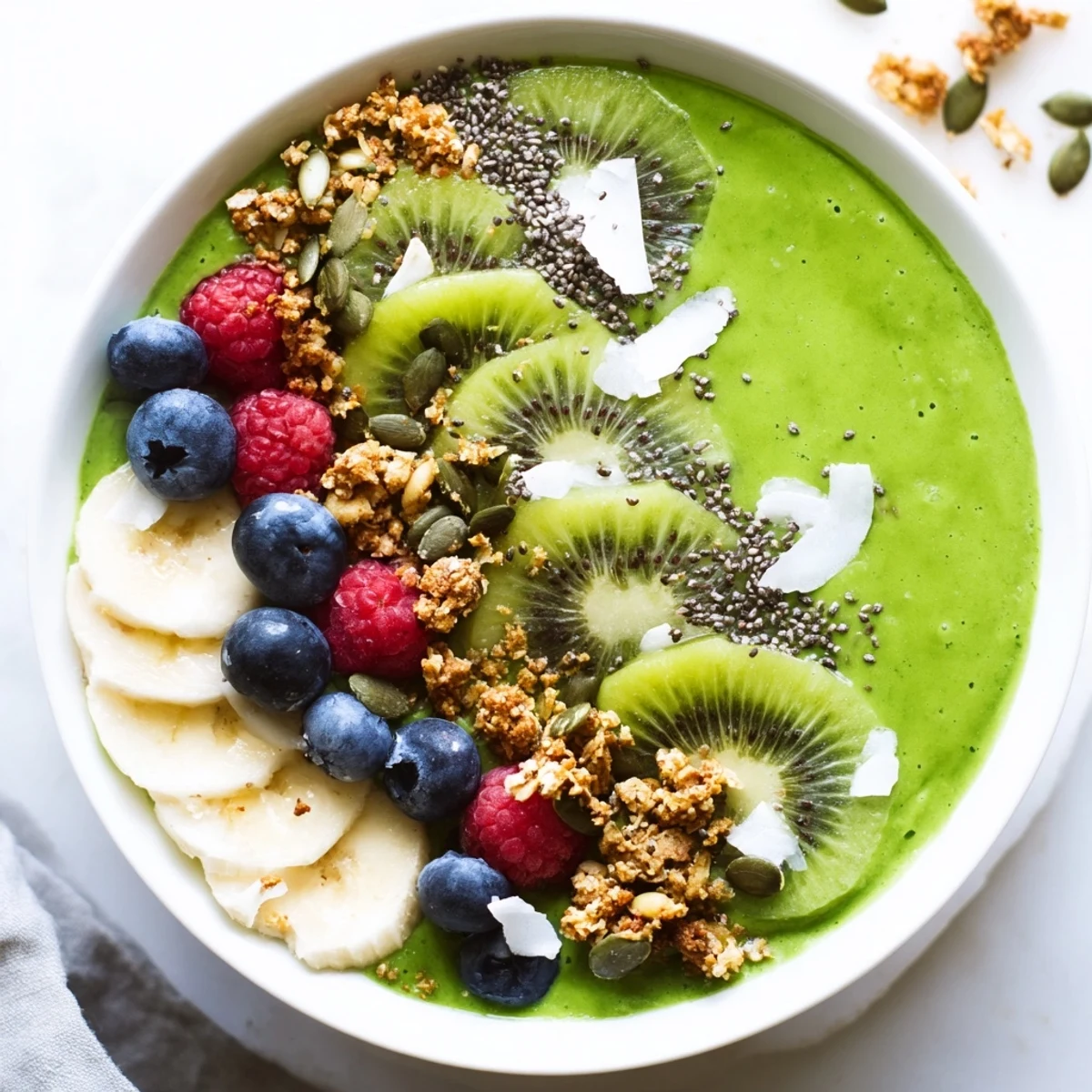 Vibrant Green Smoothie Bowl topped with sliced kiwi, berries, and crunchy chia seeds, served in a white bowl for a nourishing vegan breakfast.