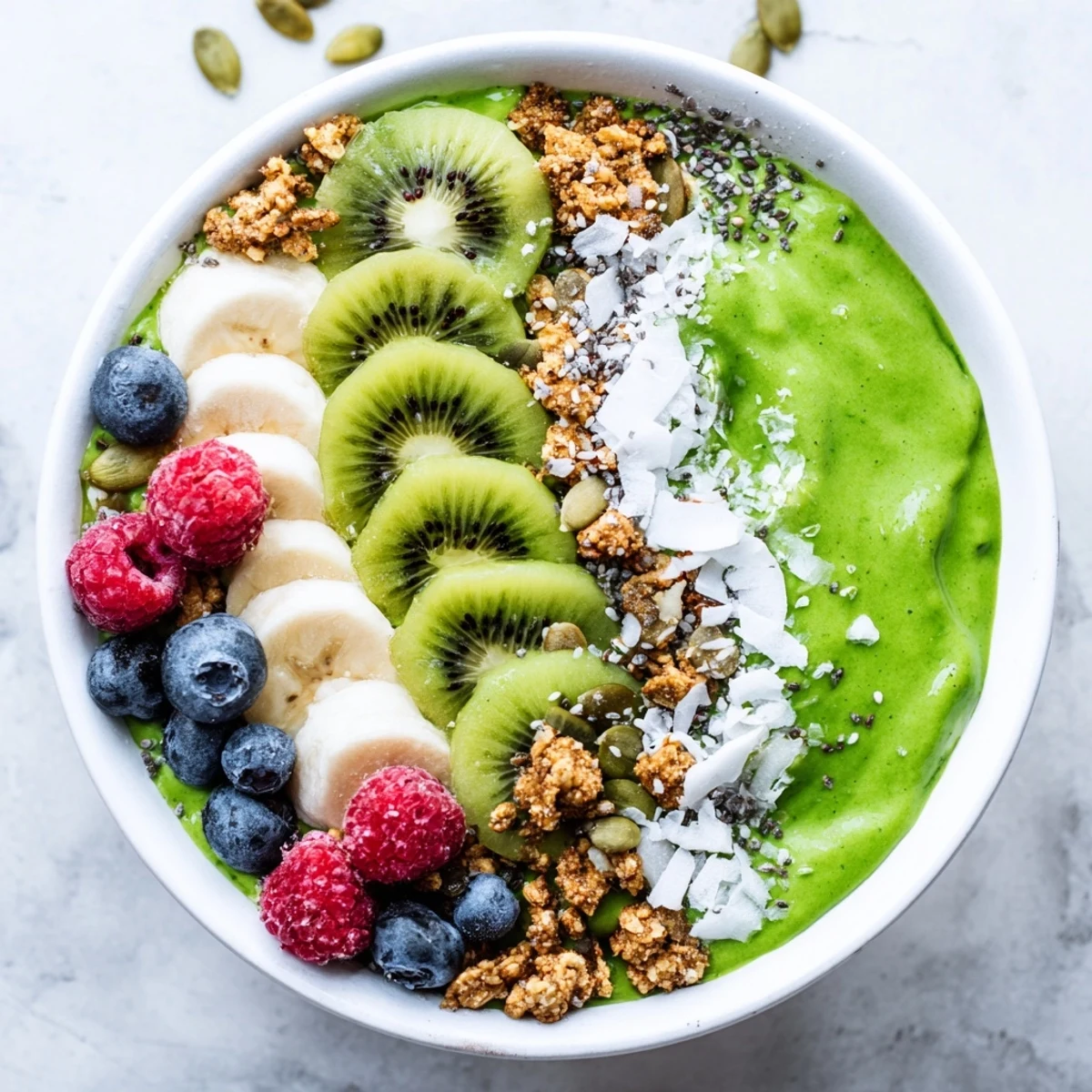 Two Green Smoothie Bowls garnished with banana slices, granola, coconut flakes, and pumpkin seeds on a rustic wooden table in bright morning light.