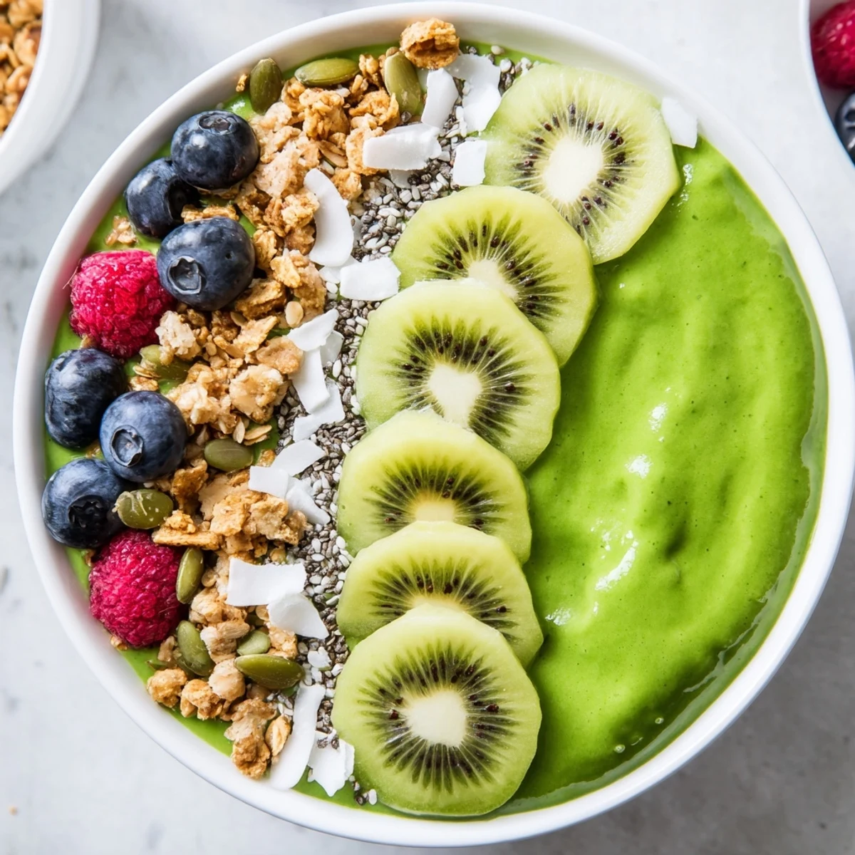 Refreshing Green Smoothie Bowl with creamy spinach base, kiwi slices, fresh berries, and seeds, perfect for an energizing gluten-free breakfast or snack.