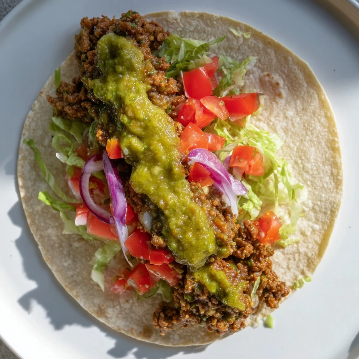 Juicy Championship Beef Tacos with Salsa Verde loaded into warm tortillas with fresh lettuce and crumbled queso fresco.