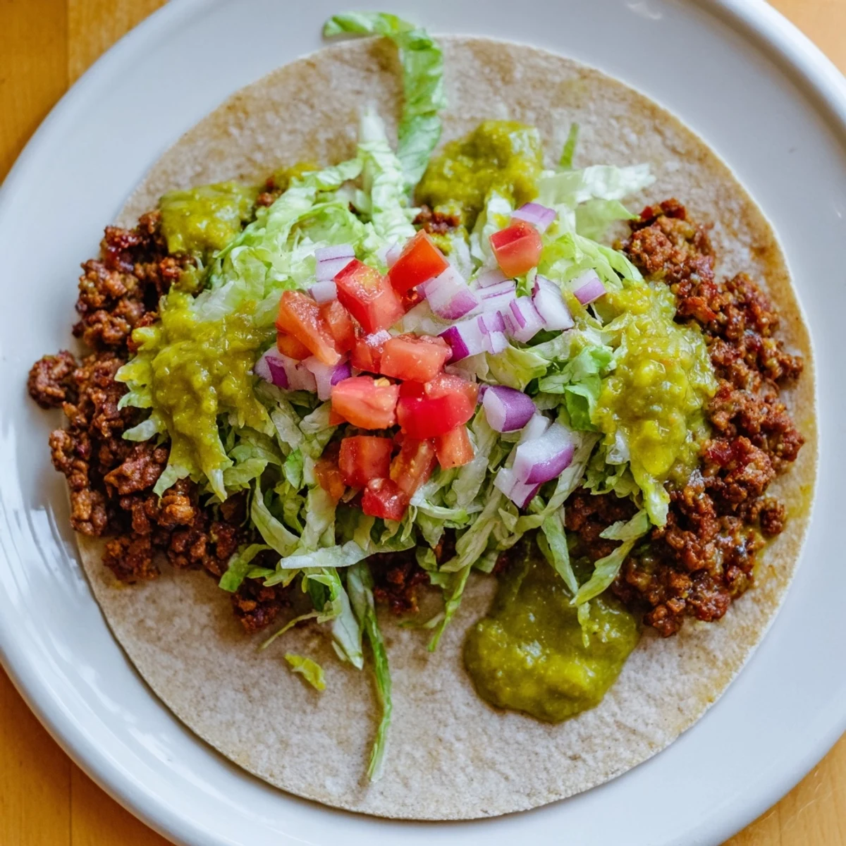 Homemade tangy salsa verde drizzled over seasoned Championship Beef Tacos, garnished with diced tomatoes, red onion, and lime.