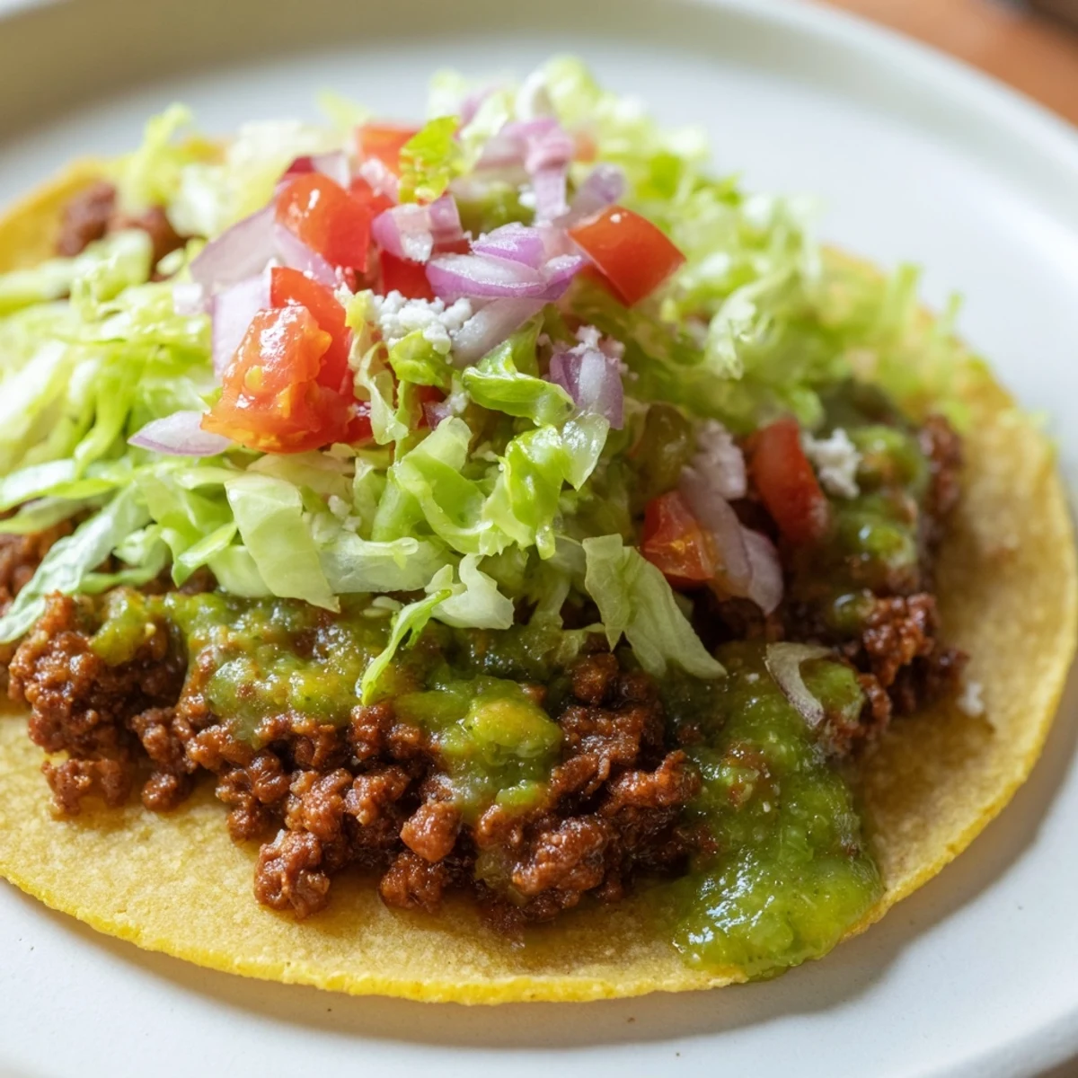 Tender ground beef filling nestled in soft tortillas for Championship Beef Tacos, topped with vibrant green salsa and cilantro.