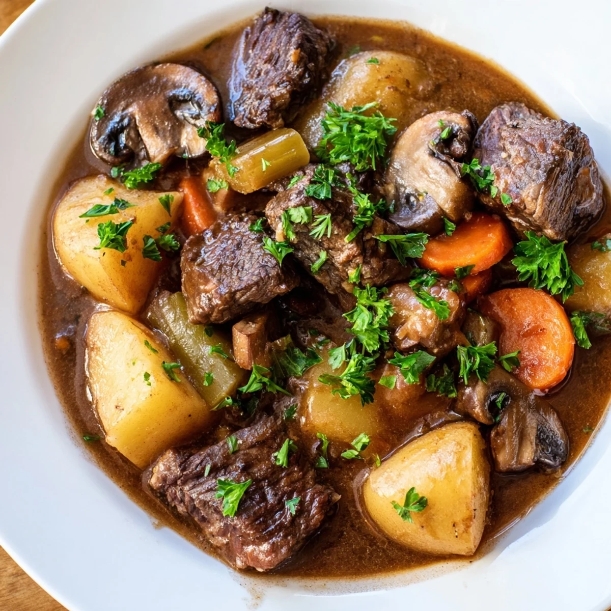 A steaming bowl of St. Patrick's Day Alcohol-Free Guinness-Style Stew features tender beef chunks, potatoes, and carrots in a dark, rich gravy.