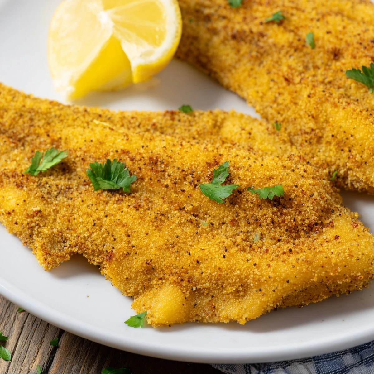 Crispy cornmeal-coated Louisiana fried catfish with fresh lemon wedges and parsley garnish.